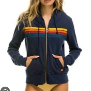 Aviator Nation Navy Rainbow Stripe Zip Up Hoodie Size Small